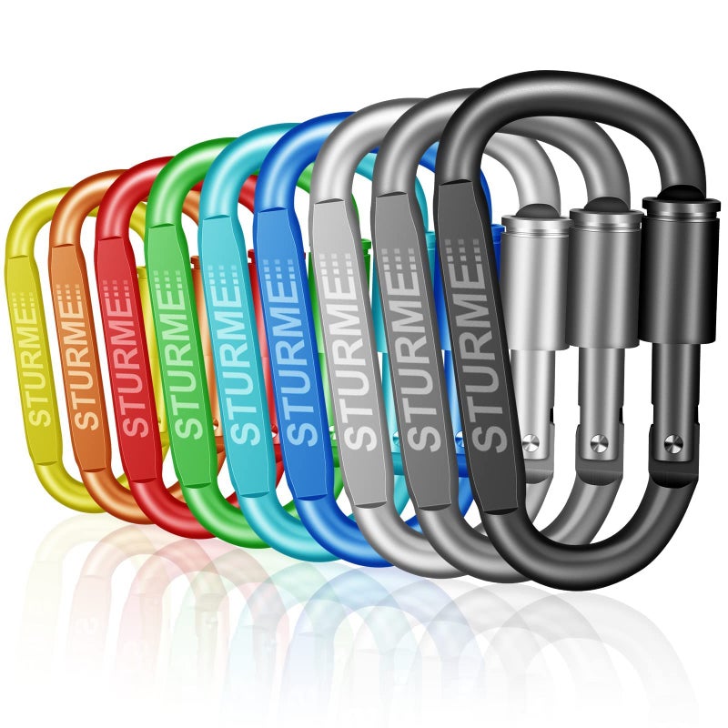 STURME Carabiner Clip Aluminum D-Ring Locking Durable Strong and Light Large Carabiners Clip Set for Outdoor Camping Screw Gate Lock Hooks Spring Link Improved Design Pack (9 Pack) - Image 1